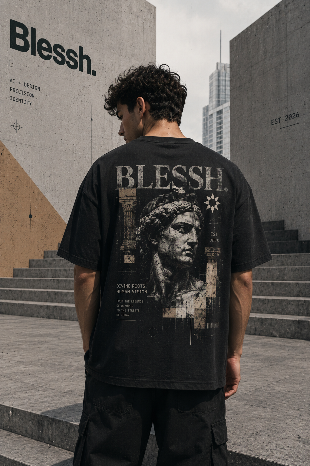 Blessh baskılı siyah tişört giyen model